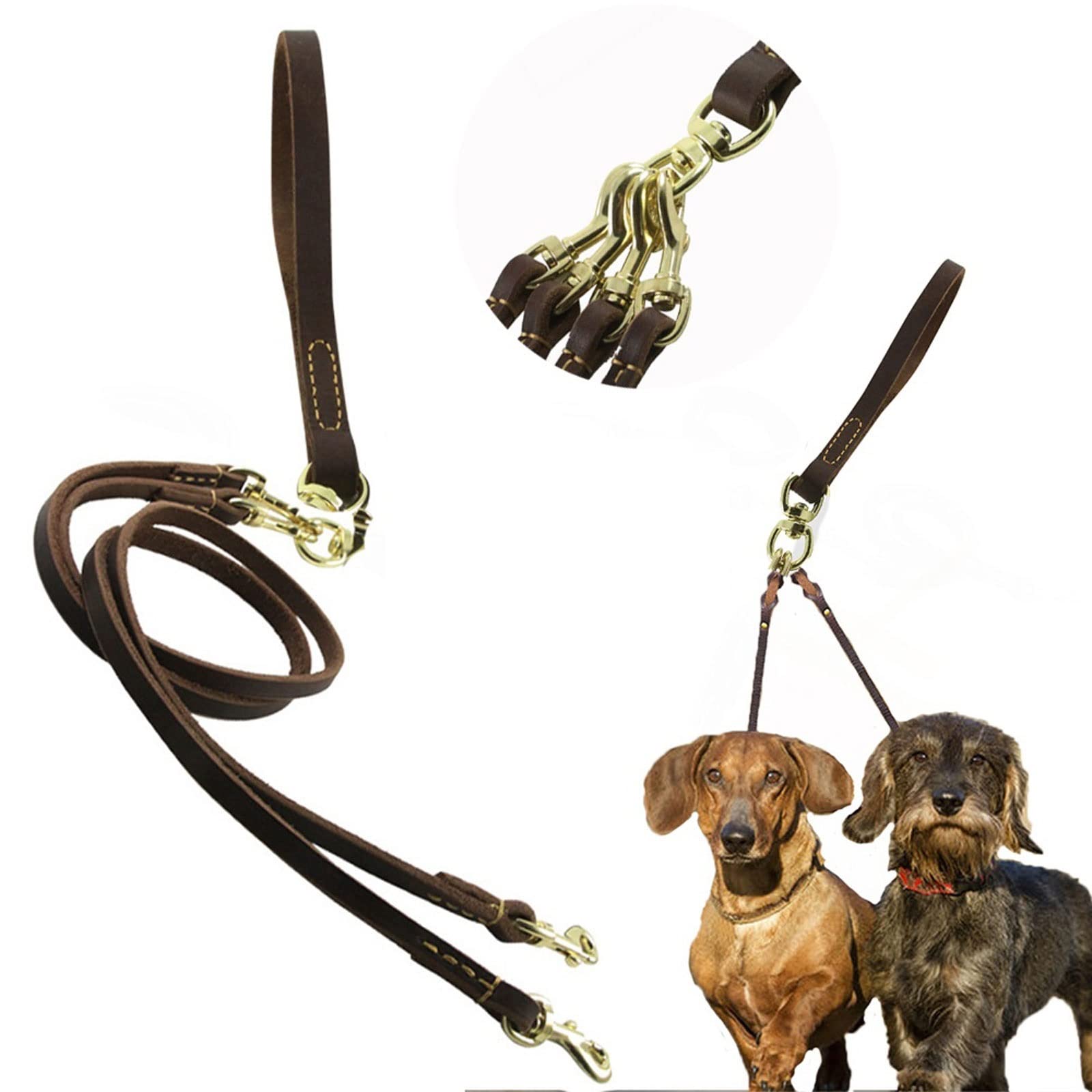 XIANGFAGS Laisse Chien Laisse for Chien Multifonction 2 Voies Double Deux laisses en Cuir for Animaux de Compagnie Amovible Anti-Torsion Marche et Dressage 2 Petits Chiens de Taille Moyenne