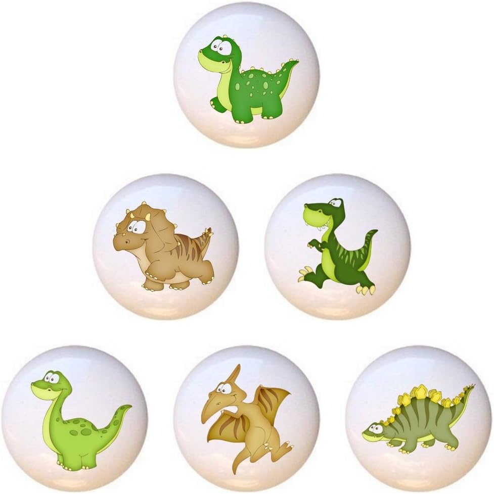 Set of 6 Cute Dinosaurs Kids Collection Glossy Ceramic Dresser Drawer Pulls Cabinet Knobs