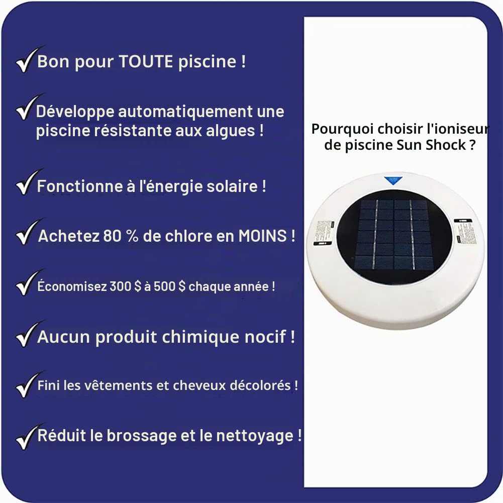 Ioniseur Solaire de Piscine - Haute capacité, 85% de Chlore en Moins, Tue Les algues, Anode en cuivre Plus Durable, 25% d'ions en Plus, Garde la Piscine Plus Propre, jusqu'à 22 000 Gal