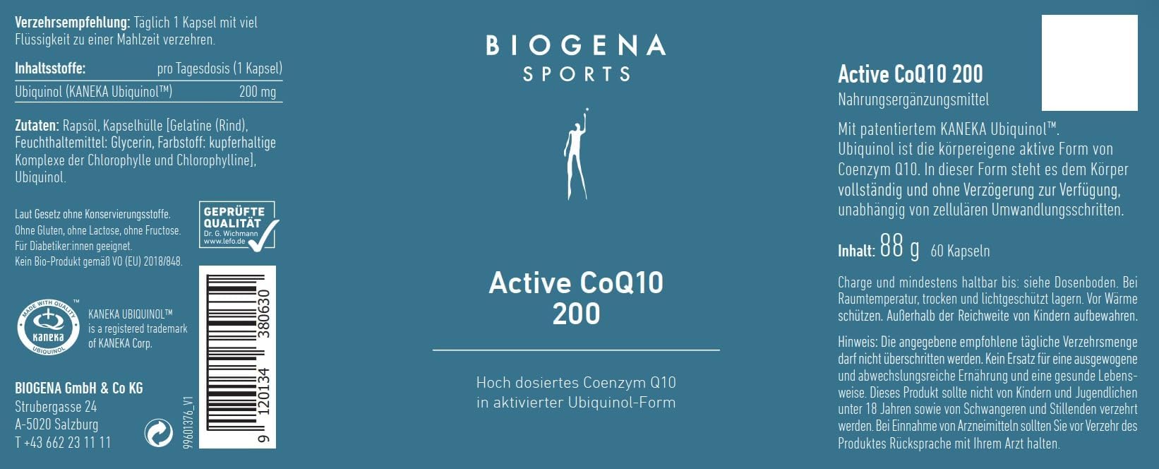 BIOGENA SPORTS Active CoQ10 200 – Coenzym Q10 - Kaneka Ubiquinol 200mg pro Kapsel - vegan - laborgeprüft - Made in Austria – 60 Kapseln