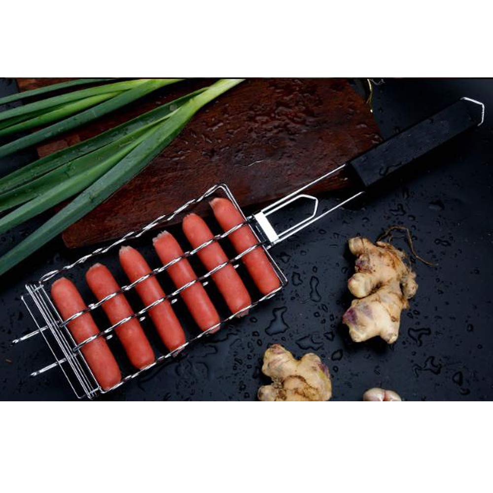 Griglia Porta Salsicce Per Barbecue - Cestello Metallico Per Griglia 55x12x3 Cm, Adatto Per 6 Hot Dog E Verdure, Manico In Legno Pieghevole
