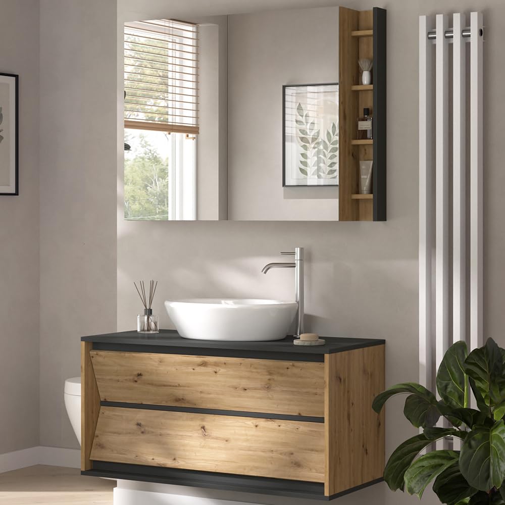 Vicco Conjunto de Muebles de baño Edelin, Antracita/Artisan, 100 cm | compuesto por espejo de baño y mueble bajo lavabo