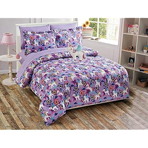 Fancy Linen Boys Girls Characters Comforter Set New (Unicorn Purple Blue White Yellow, Full) Cover