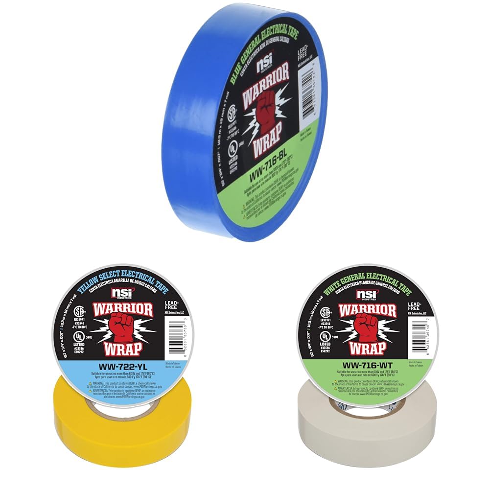 NSI WarriorWrap General 3/4 in. x 60 ft. 7 mil Vinyl Electrical Tape, Blue & Industries WarriorWrap Select & WW-716-WT WarriorWrap General 7 mil Vinyl Electrical Tape