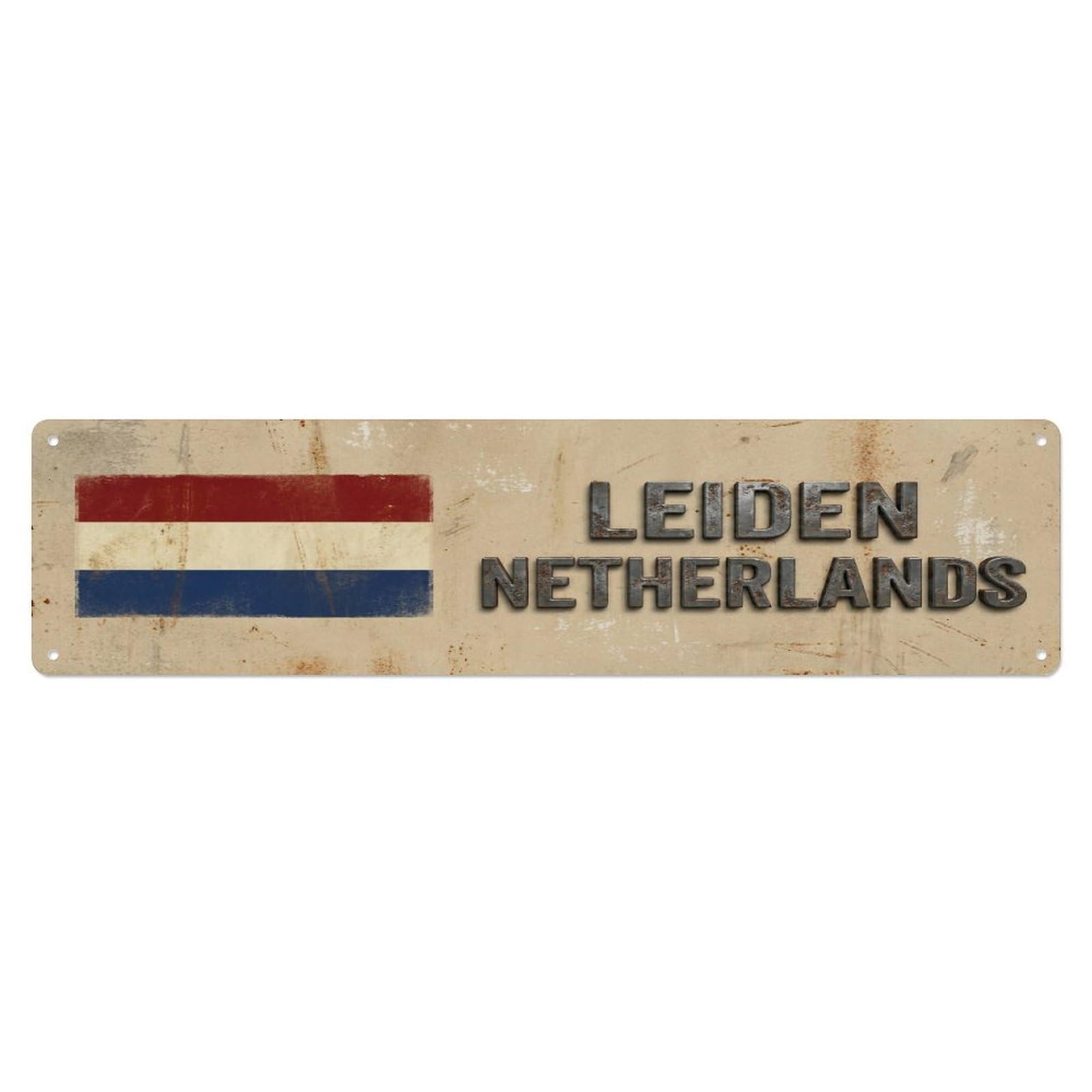 Metal Tin Sign Vintage Leiden Netherlands Flag Decor Rustic Travel