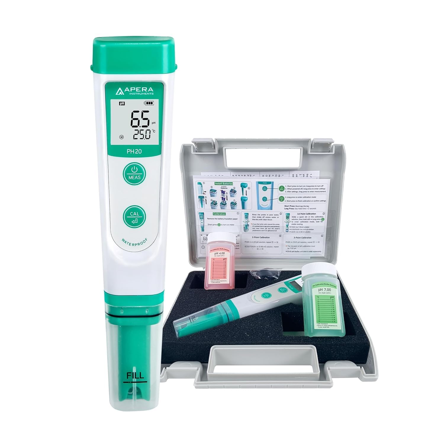 Apera Instruments PH20 Miernik Ph, Biały/Turkusowy & Apera Instruments roztwór elektrolitowy 3M (250 ml)