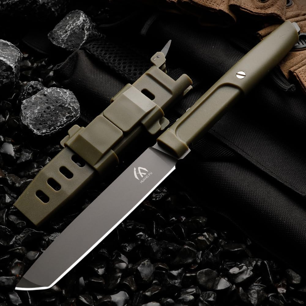K-Sheath Tactical Fixed Blade Knife, 4.45-inch blade, 9.25-inch total length, sturdy and durable portable waist design, outdoor survival knife, multifunctional tool for hiking, camping, exploration, men's gift (green)