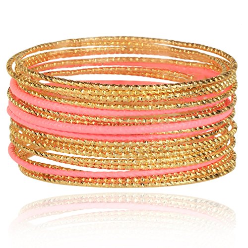 LUX ACCESSORIES Pink Diamond Cut Textured Metal Bangle Set