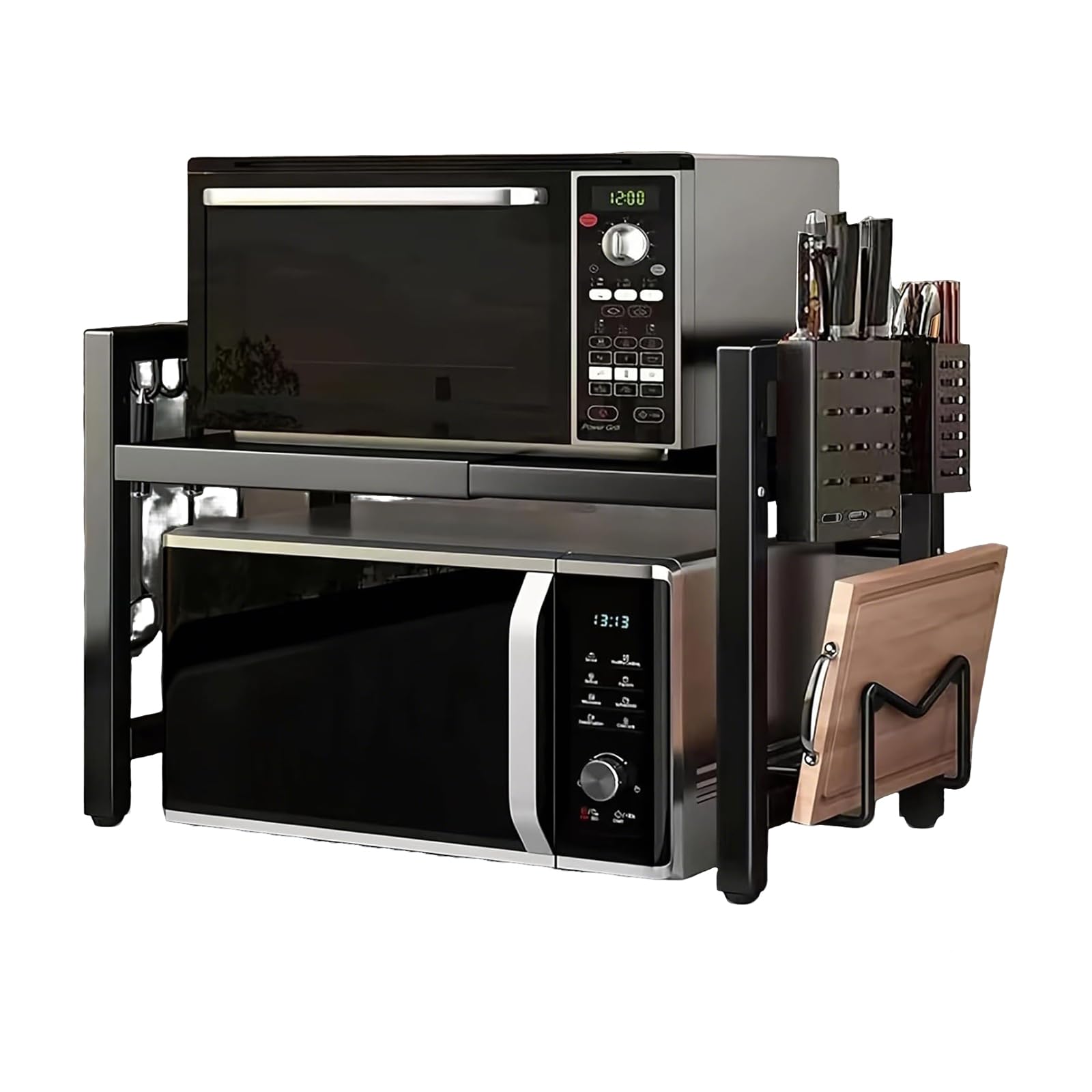 Étagère à Micro-Ondes Extensible à 2 Niveaux, Charge 30kg | Acier au Carbone, Extensible 40 à 64 cm, Porte-Baguettes et Porte-Planche à Découper, Adapté Cuisine, Bureau, Garage