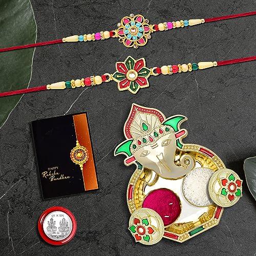 Image of Periapt (K2 558+559 AA3) Rakhi Combo with Pooja Coin, Shri Ganesh Pooja Thali / Tilak Set & Greeting Card Rakhi with plate | rakhi thali set | rakhi for brother kids | rakhi in silver | rakhi hamper | handmade rakhi | rakhi for brother & bhabhi | rakhi Set of 2