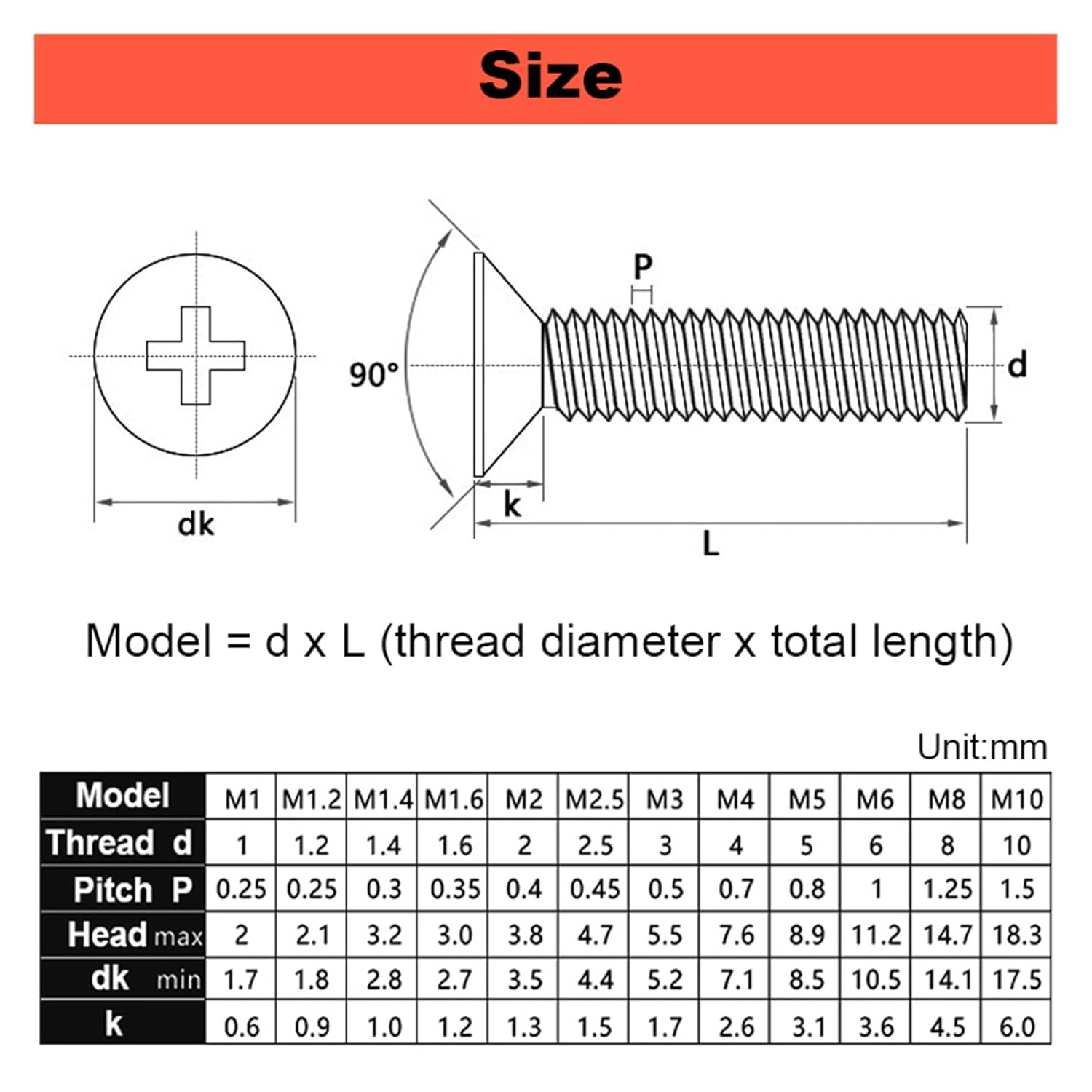 M3 .5 M4 M5 M6 M8 M10 Lengthen Cross Countersunk Head Screw KM Flat Machine Tooth Phillips Small Bolt 304 Stainless Steel(6mm (100Pcs),M10)