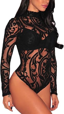 JomeDesign Women Black Sheer Mesh Long Sleeve Jumpsuit Bodysuits Clubwear