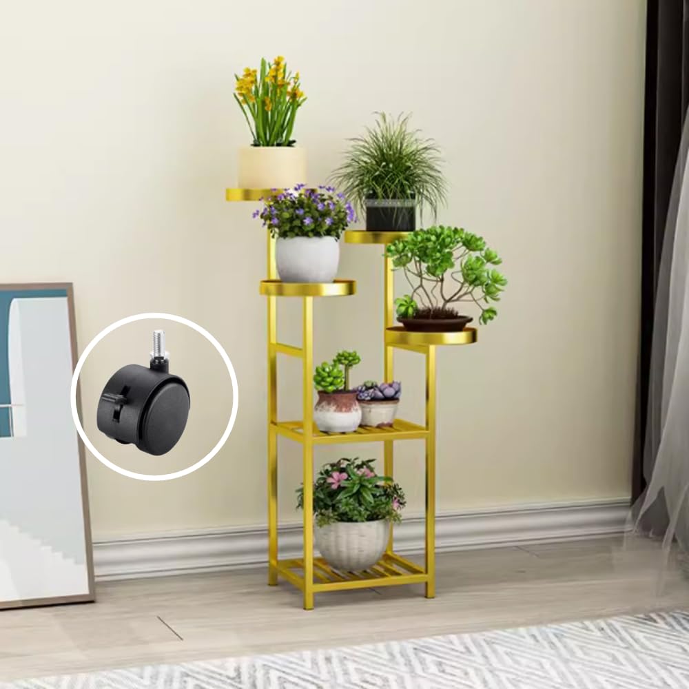 YUANCHUTOP Rotating 6-Tier Metal Plant Stand with Wheels - Tall Indoor Corner Flower Holder, Tiered Rack for Multiple Plants, Stylish Storage Shelves for Office, Living Room, Balcony & Garden