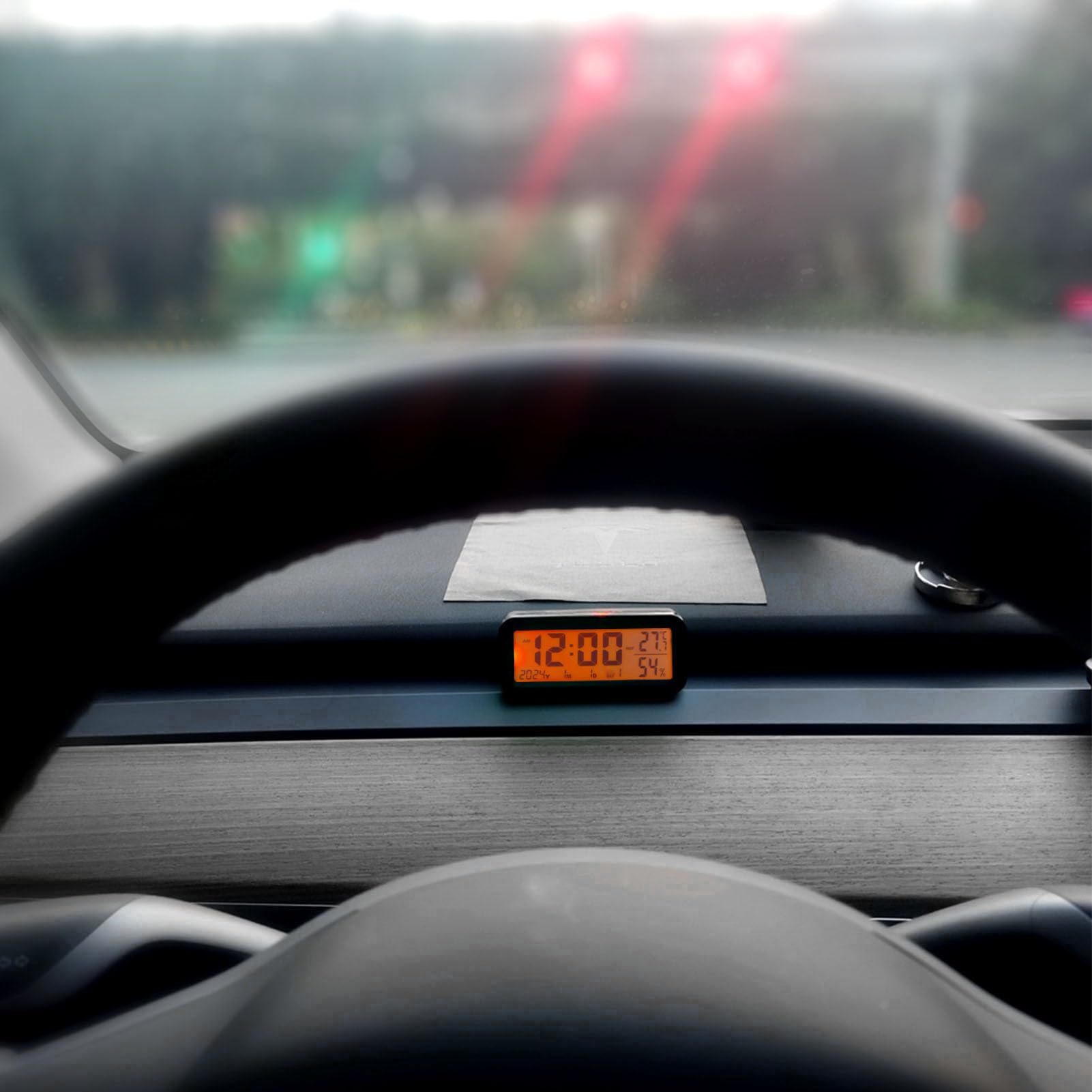FTVOGUE Orologio per Auto Luminose con Display Digitale di Grandi Dimensioni, Calendario Orologio Cruscotto Elettronico a Energia Solare, Display di umidità della Temperatura per Auto,