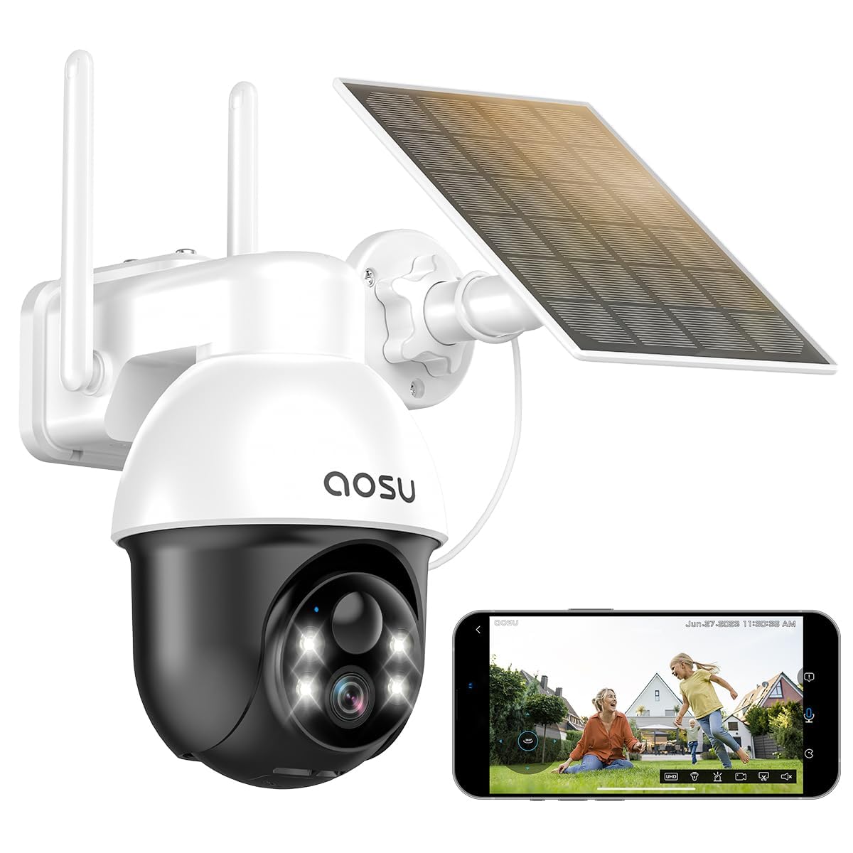 aosu Solar Security Camera Wireless Outdoor with Panoramic PTZ, Human Auto Tracking, 2K Night Vision, Light and Sound Alarm, 2-Way Audio, Compatible with Alexa/Google Assistant