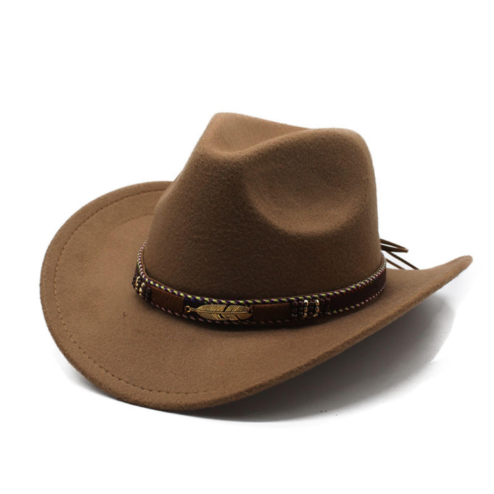 Cazqgoy Men's Cowboy Hat, Western Hat, Felt Cowgirl Hat, Wide Brim and Leather Strap, Jazz Hat, khaki, L