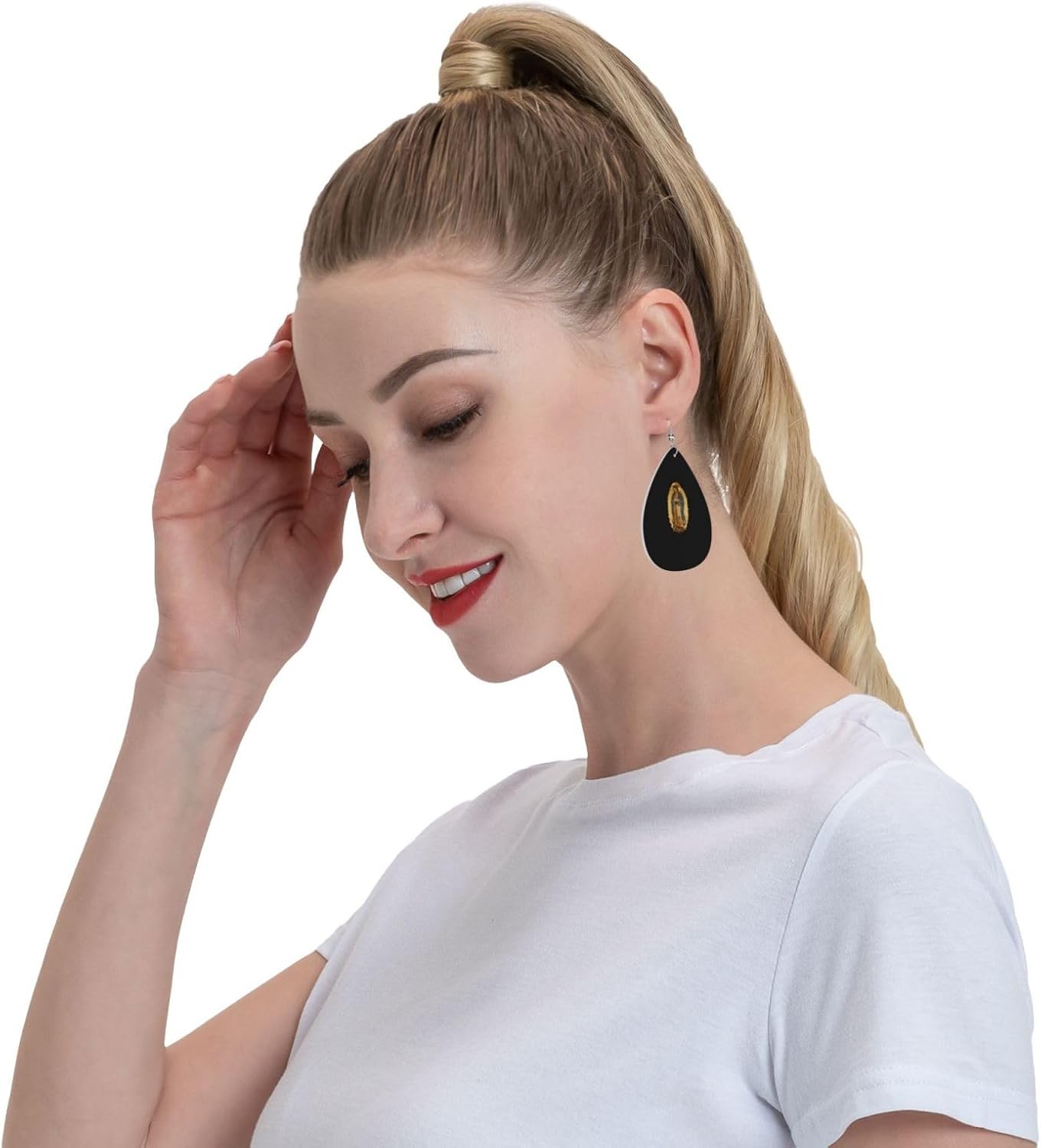 Our Lady Our Lady of Guadalupe Virgin Mary Leather Earring, Water - Sacred Relief & Engraving