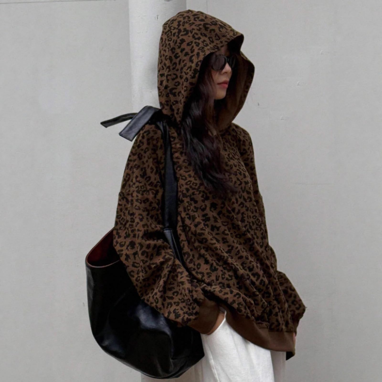 Generisch Damska bluza z kapturem ze wzorem w panterkę, oversize, luźna, z długim rękawem, prążkowana dzianina, okrągły dekolt