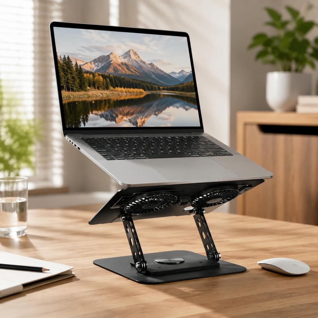 Soporte elevado para portátil con refrigeración de dos ventiladores, soporte multiángulo para computadora portátil, para uso en escritorio, mesas de oficina en casa, clases en línea y áreas de