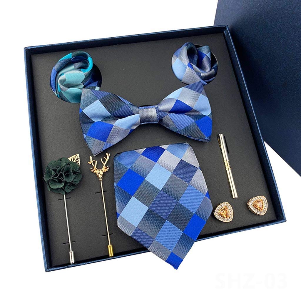 Herrenkrawatte, Seiden-Herrenmode-Set: Blaue Schleife, Clip-Anstecknadel, Halstuch, Manschettenknöpfe – ideal for Hochzeiten, Partys und Business-Anlässe
