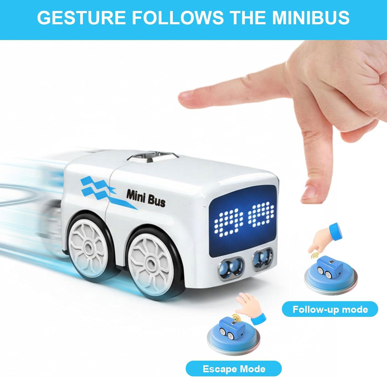 GUSHE Magic Mini Bus Spielzeug, RC-gesteuert mit Auto-Ausdrücken und 4 Spielmodi, Intelligentes Ferngesteuertes Auto mit Sensor, Automatische Vermeidung Patrouille Linie Fahren Spielzeug Auto (Weiß)