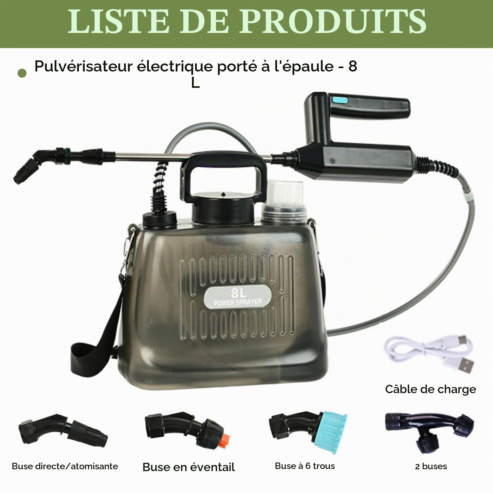 Pulvérisateur à Pression, 8L Batterie Pulvérisateur Jardin avec Lance Et 4 Buses Pulvérisation Réglables Pulvérisateur Dos avec Batterie 2400 Mah Automatique Réservoir Transparent Lance Télescopique