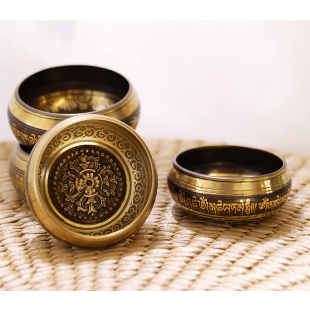 Nepalesische handgefertigte Buddha-Klangschale mit tibetischem Instrumentenmuster innen, klarer Klang, geeignet für Yoga, Meditation (Gelb, 8,5 cm)