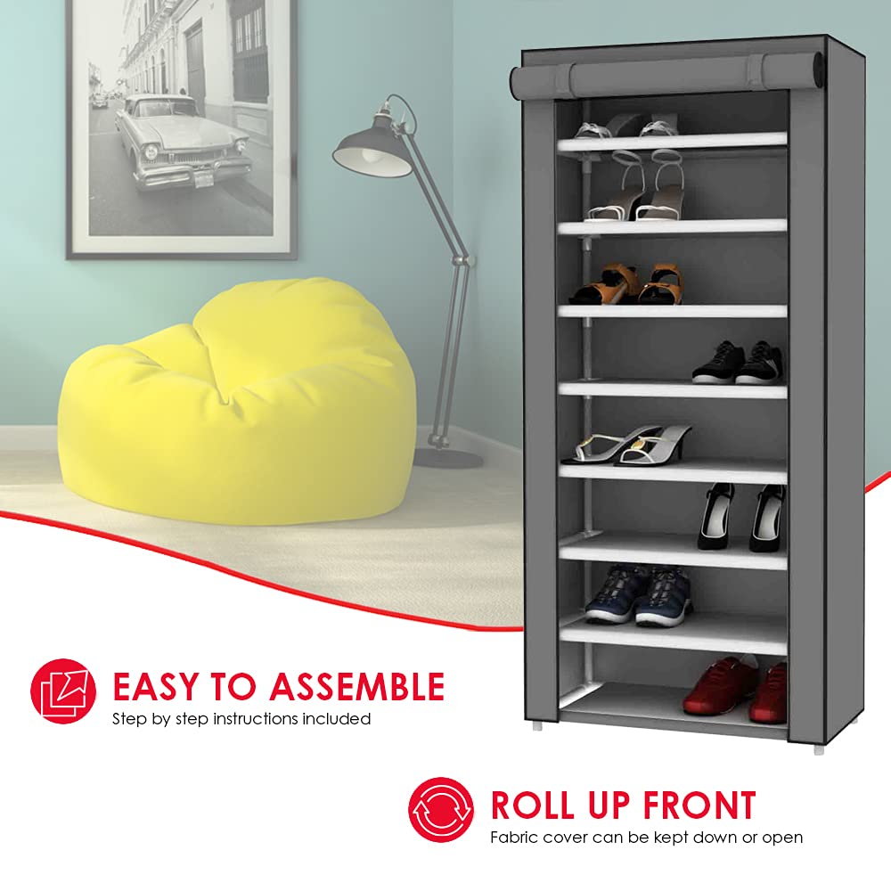 Sunbeam 7-Tier Portable Wardrobe Storage Closet - Freestanding Shoe Rack & Clothing Organizer, Grey (Fits 24 Pairs)