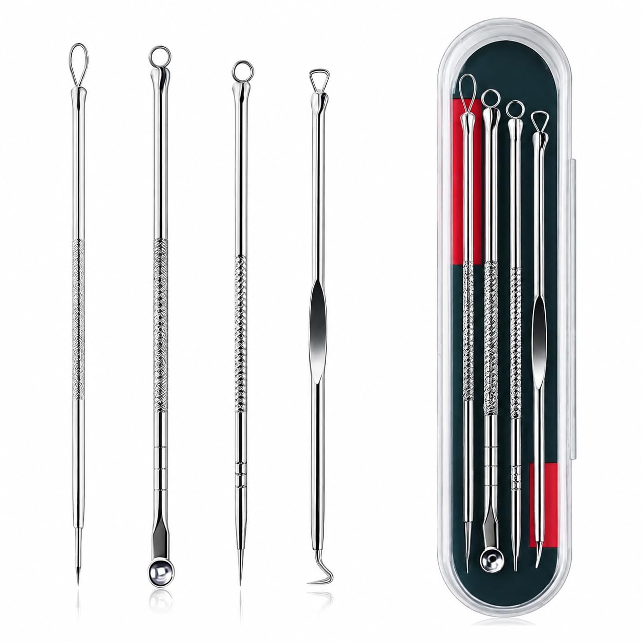 SKINROTH Blackhead Remover Tool Kit, 4 Pcs Professional Stainless Steel Blackhead & Pimple Popper Extractor Kit, Acne Comedone Remover, Whitehead & Blemish Removal Tools with Storage Case for Face & Nose