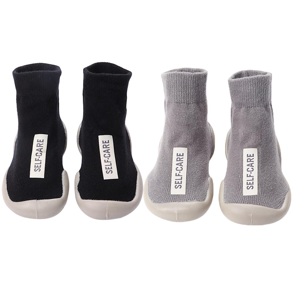 HOVELL 2 Pairs Baby Soft Rubber Sole Shoes Toddler Girls Boys Non Slip Walking Shoes Infant Cotton Floor Slipper Sock Shoes(Black Grey,2-3Y)