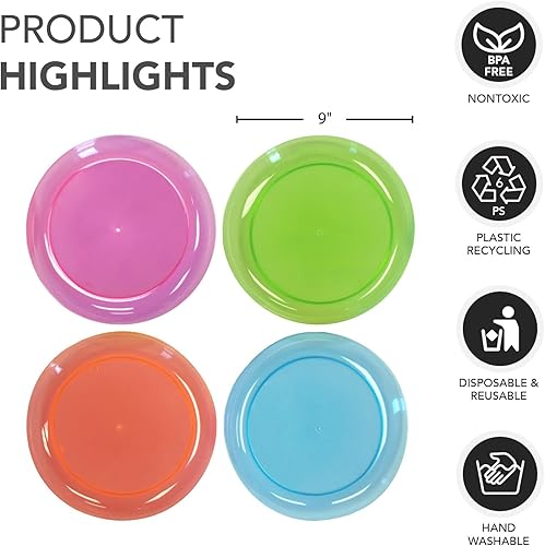 Miniatura 2 de Party Essentials Platos redondos de plástico duro de 9 pulgadas para fiestaalmuerzo, neón surtidos, 40 unidades