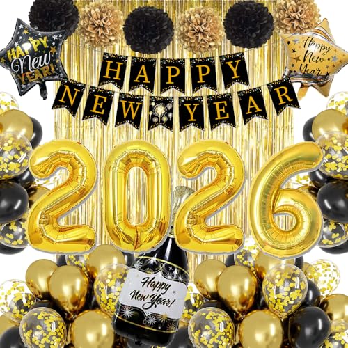Silvester Deko 2026,Deko Silvester Party 2026 Schwarz Gold Luftballons Set mit Happy New Year Deko Girlande, 2026 Folienballon, Pompoms,Regenvorhang,Weinflasche, Stern für Silvester Neujahr 2026 Party
