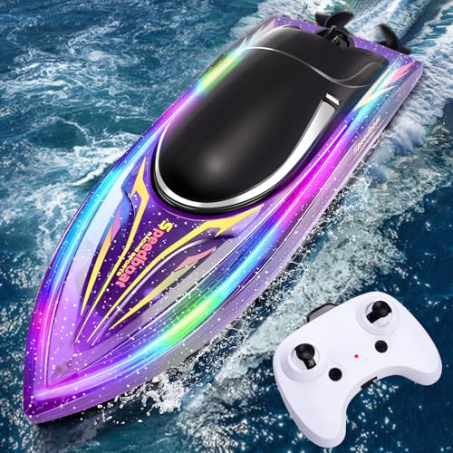 YOOHBERRYS Ferngesteuertes Boot, 2.4 GHz RC Boot, Motorboot Ferngesteuert Kinder mit DREI Mode LED-Licht und 2 Batterien, 15KM/H Rennboot Speedboot für Meere, Pools und Seen (Purple)