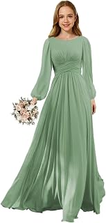 Long Sleeves Junior Bridesmaid Dress Scoop Neck Chiffon Flower Girl Dresses with Ruffles A Line Wedding Party Gown