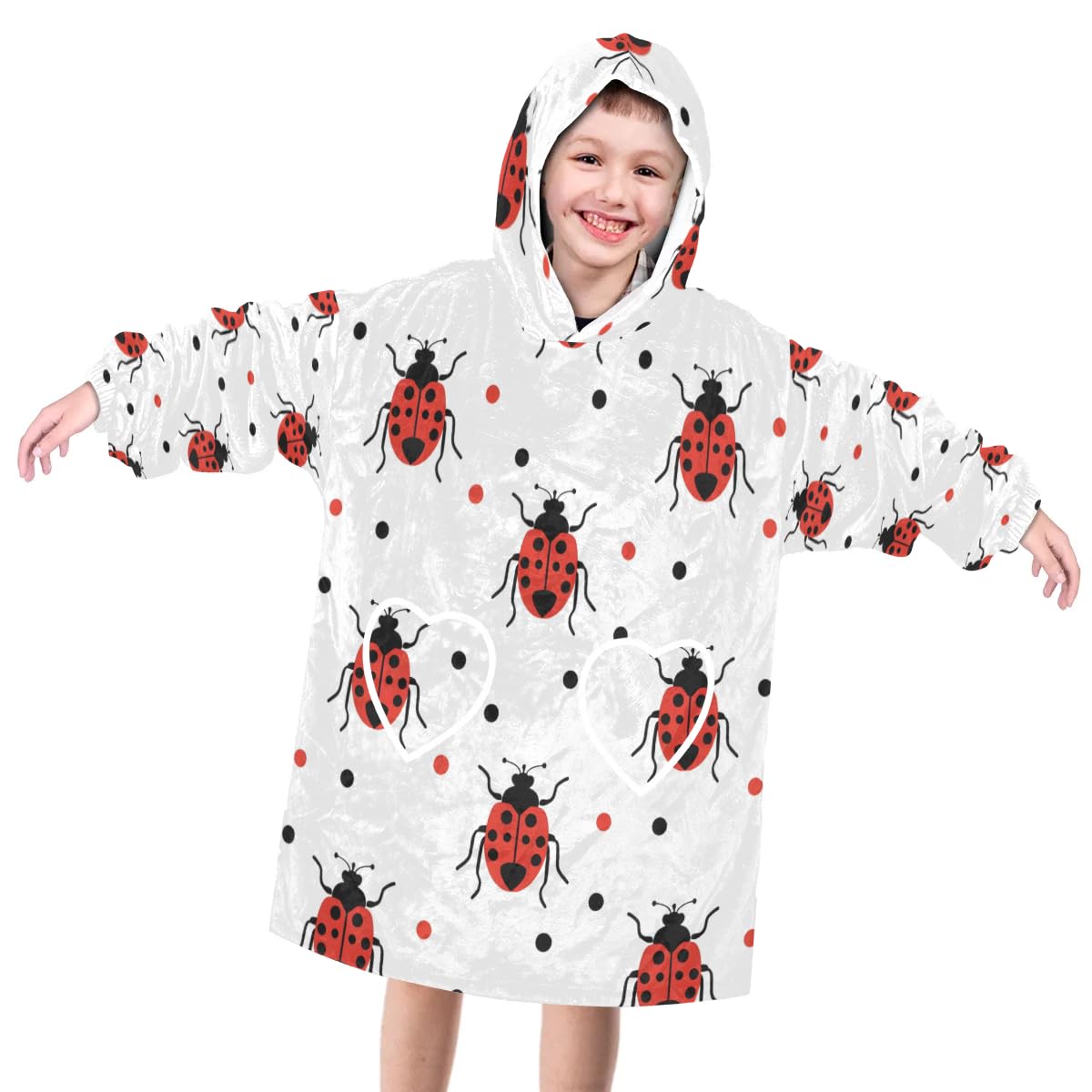Pardick Wearable Blanket Hoodie for Kids, Tiny Ladybugs Fleece Sweatshirt Blanket Oversized Blanket Sweatshirt with Pocket Flannel Warm Hooded Blanket 6-10 Year Old Girl Boy Gift, One Size