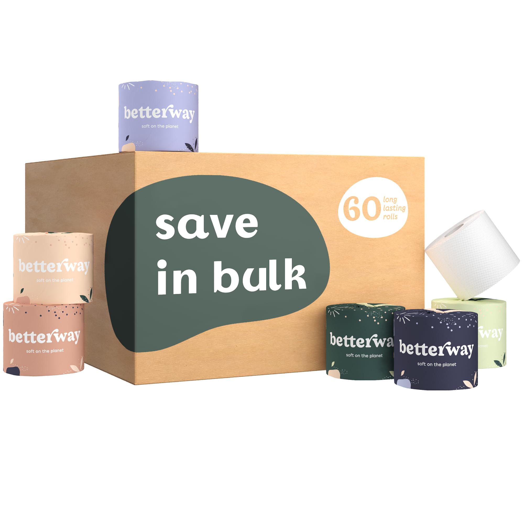 Betterway Bamboo Toilet Paper 3 Ply - Sustainable Toilet Tissue - 60 Long-Lasting Rolls - 360 Sheets Per Roll - Septic Safe - Organic, Plastic Free - FSC Certified - PFAS Free