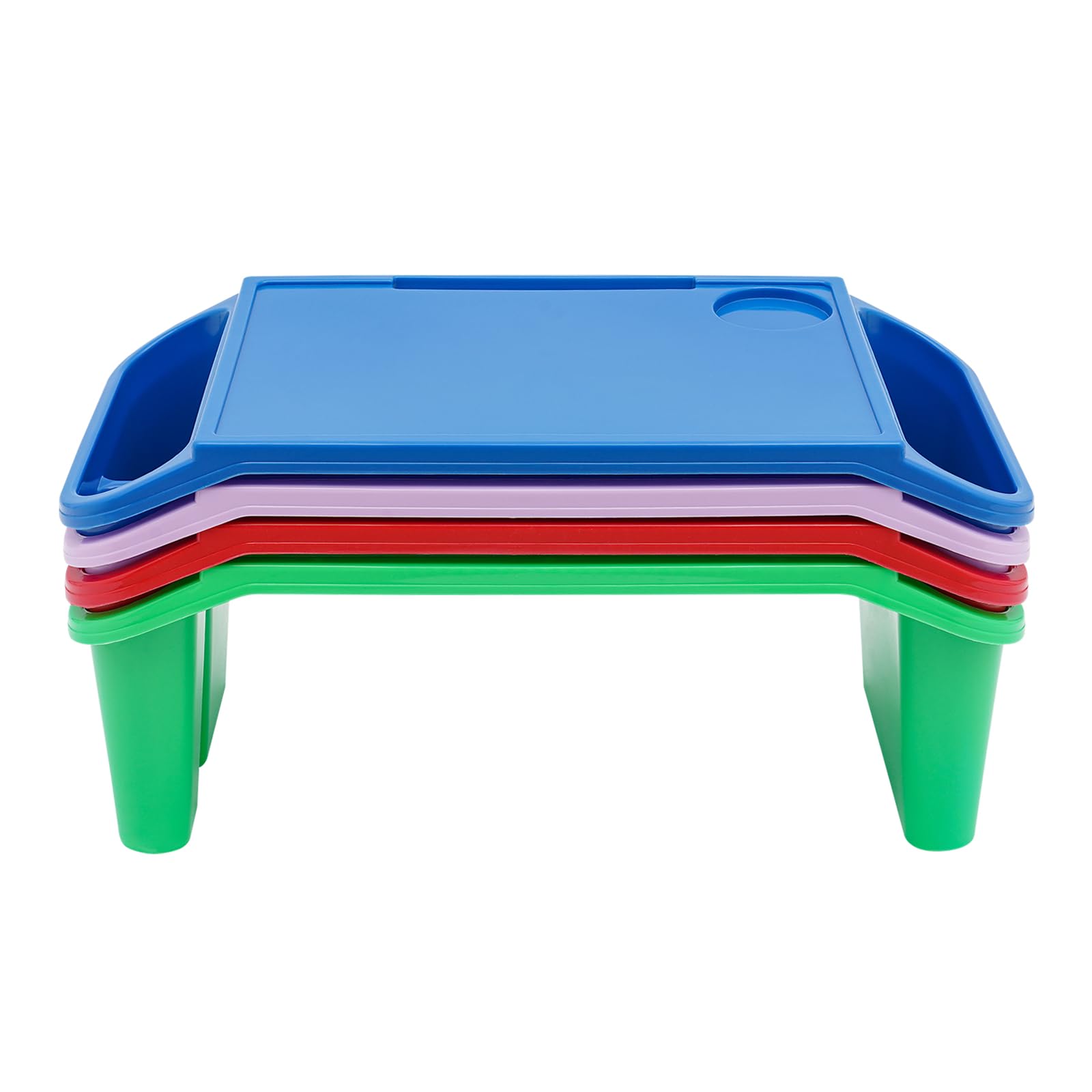 Kids Lap Desk Tray Plastic Breakfast Laptop Trays with Storage Portable Activity Table with Side Pockets/Slot Portable Lap Bed Table for Writing Eating Game Snacks (Blue, Red, Green, Purple/ 4Pcs)