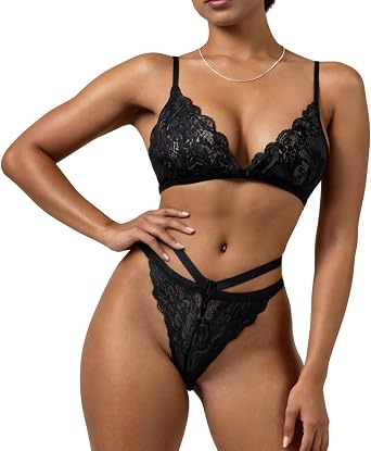 Sexy Lingerie Set for Women Naughty Outfits, Lace Sheer Bra and Panty Valentines Lingerie 2026, Black Onesize 2-8