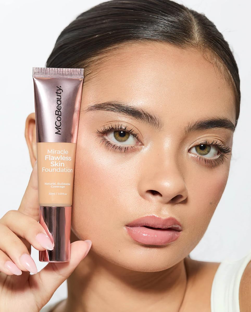 MCoBeauty Miracle Flawless Skin Liquid Foundation Soft Honey - Buildable Medium Coverage Dewy Finish for All Skin Types - Hyaluronic Acid Coconut Water Rose Water Hydrating Face Makeup Vegan - 1 Fl Oz
