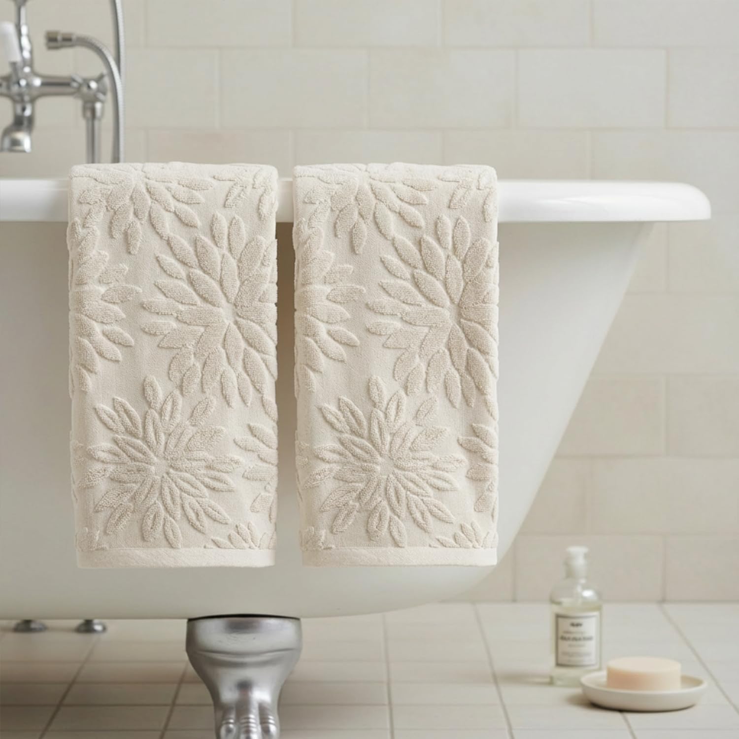 Artoid Mode 2 Pcs Beige 3D Dahlia Floral Jacquard Hand Towels for Bathroom, 100% Cotton Soft Absorbent Bathroom Decor Towels, 13.7 x 29.5 Inch