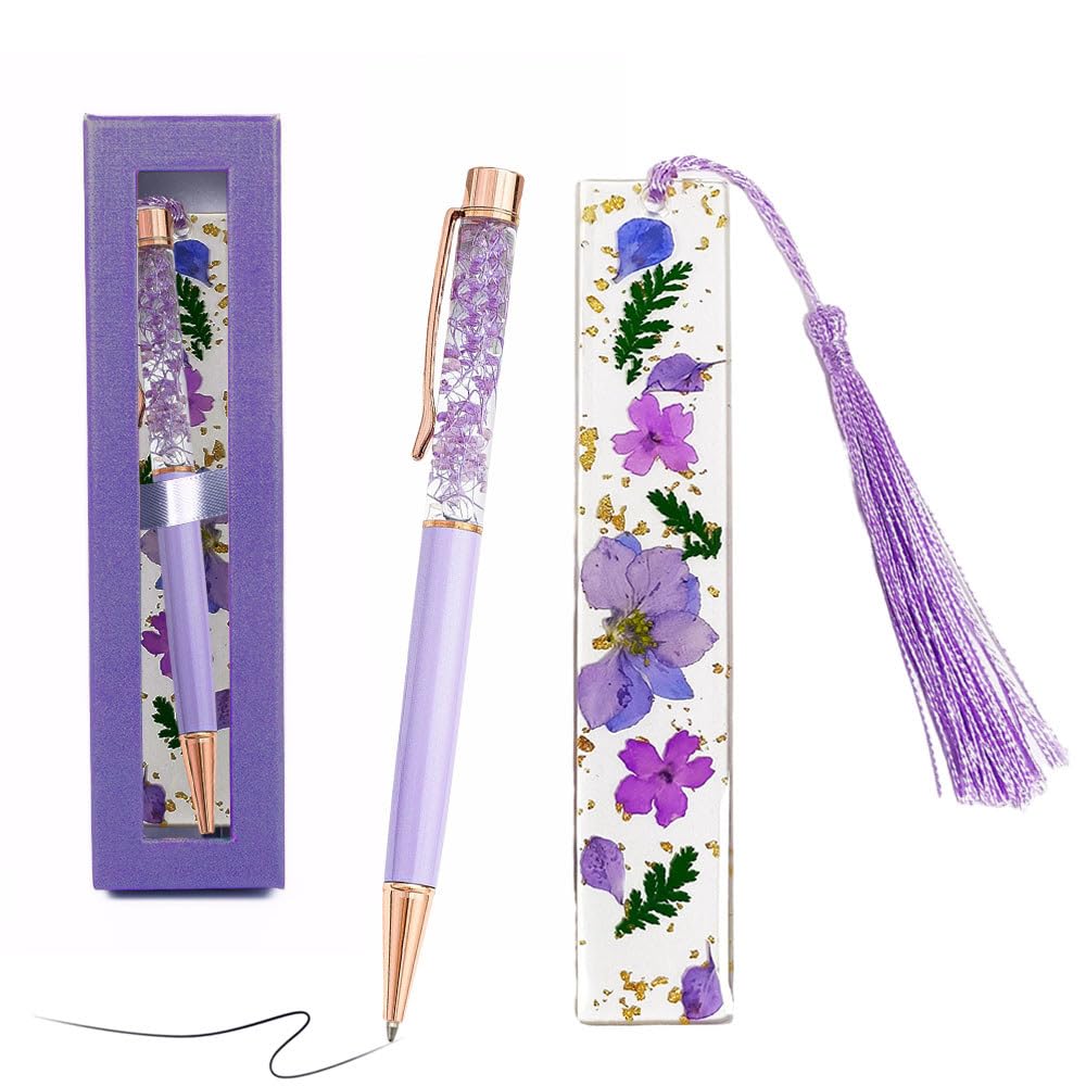 Belegao Ballpoint Pen with Resin Dried Flower Bookmark Gift Set, Retractable Rollerball Pen Black Ink 1.0mm & Tassel Page Marker with Box for Women Birthday, Valentines Day, Christmas, Party(Purple)
