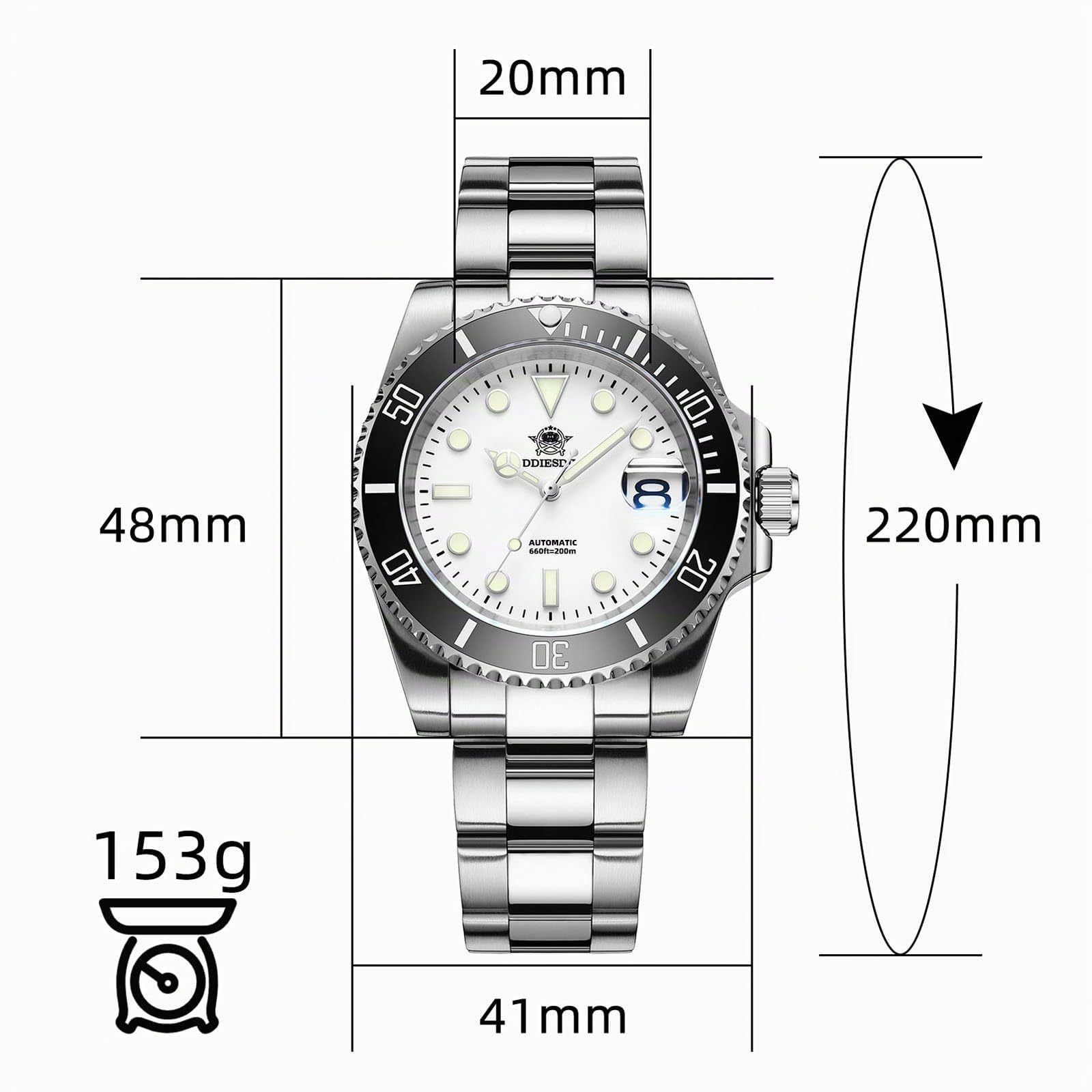 ADDIESDIVE Relojes automáticos Hombre Reloj de Buceo 200m Impermeable NH35A/8215 BGW9 Luminoso de Correa en Acero Inoxidable Relojes para Hombres Regalo para Hombre