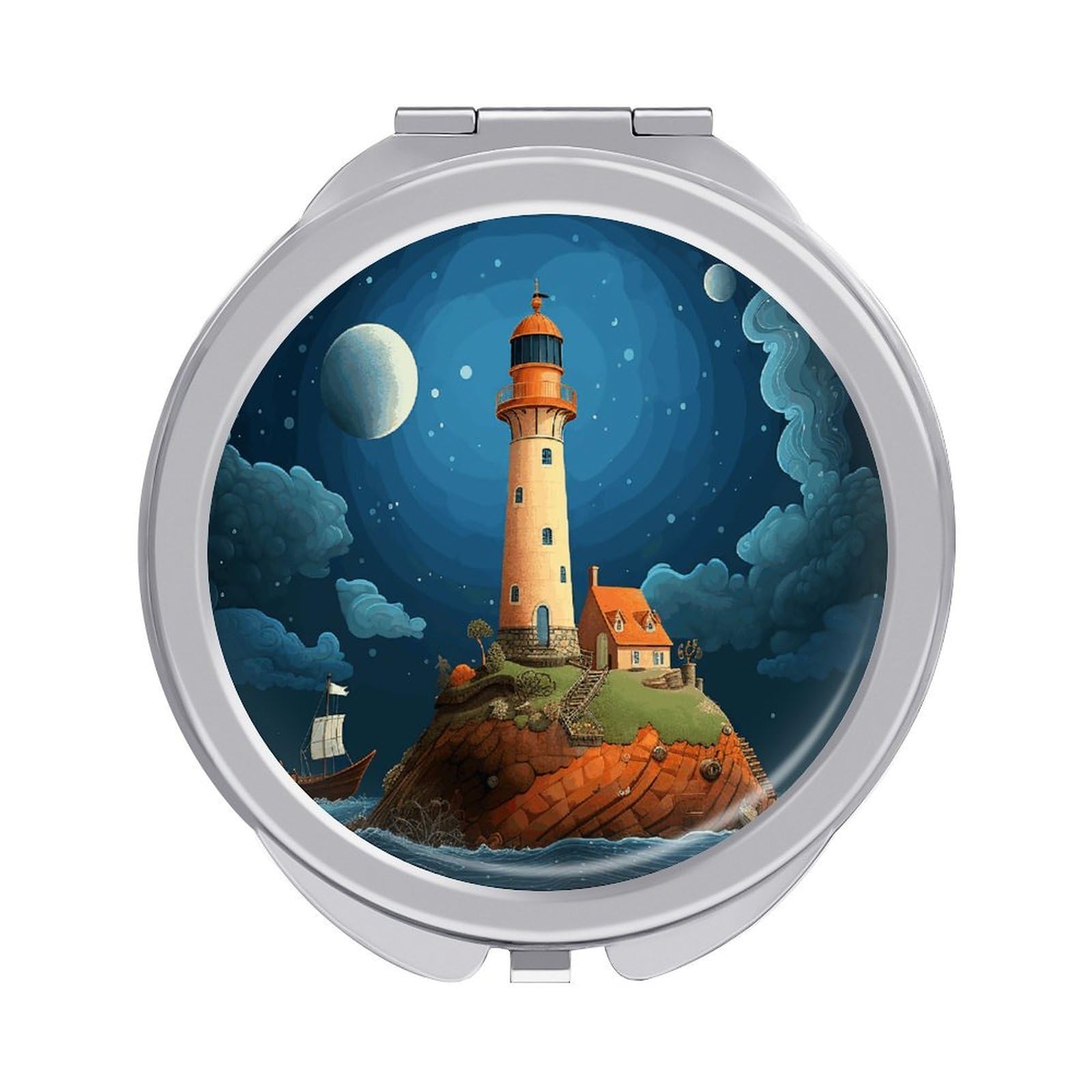 JTREHY Catoon Whale Lighthouse Makeup Mirror Portable Folding Mirror Compact Travel Mirrors 2-Sided Round Pocket Mirrors Cute Handheld Beauty Mirror for Handbag Purse for Women Gift