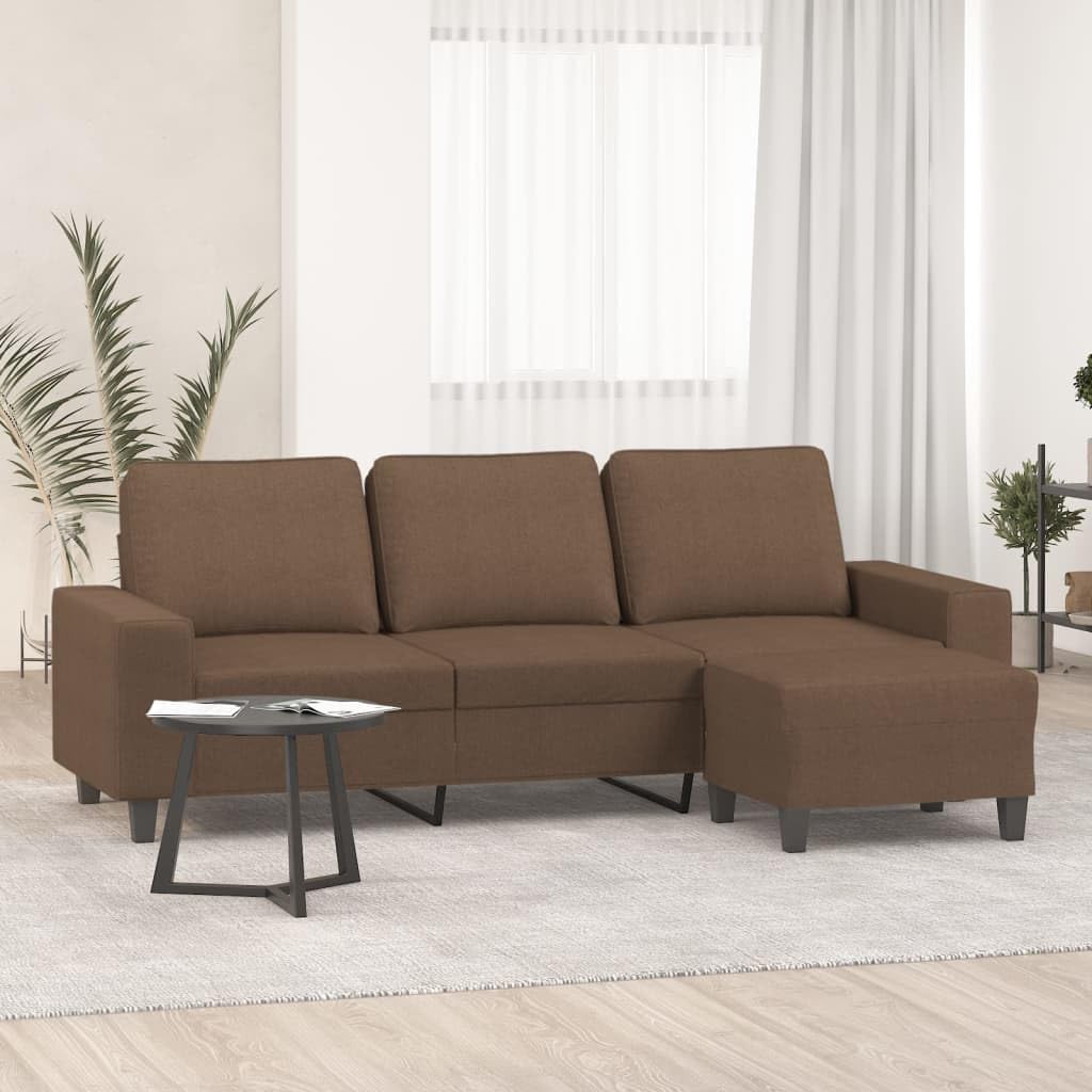 Canapé 3 places avec tabouret, marron, 214 cm, en tissu, canapé