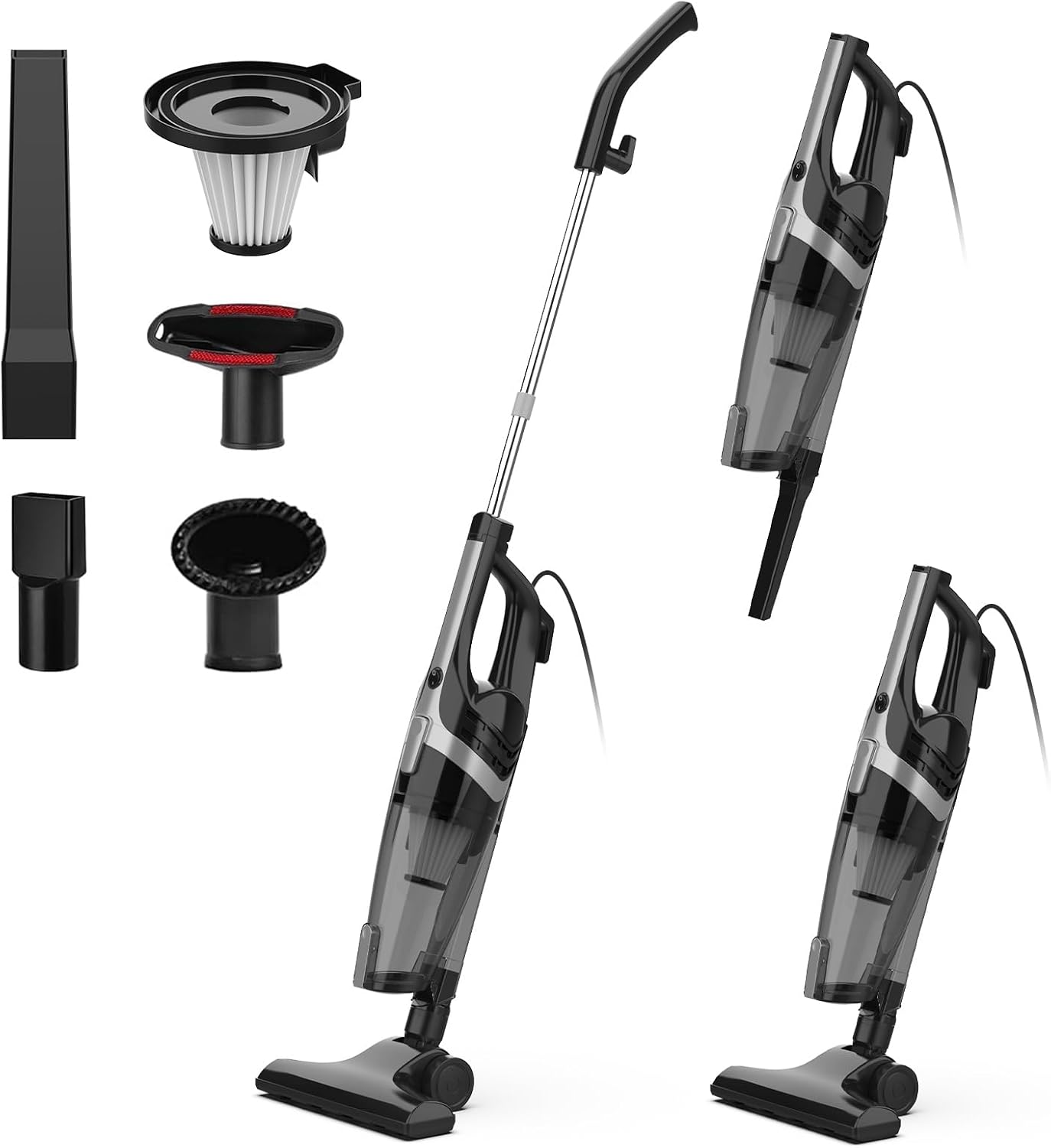 Corded Stick Vacuum, 20Ft 600W Power Stick Vacuum Corded, 6 in 1 Ultra- Light Vacuum Cleaner (Gray)
