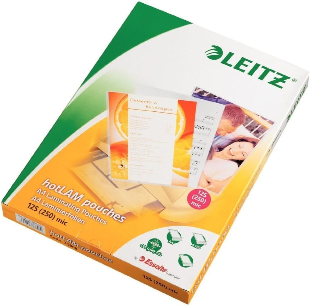 Leitz 33808 Laminating Pouches Made of 125 Micron Thick Material (Transparent, Glossy, A4) - Pack of 100