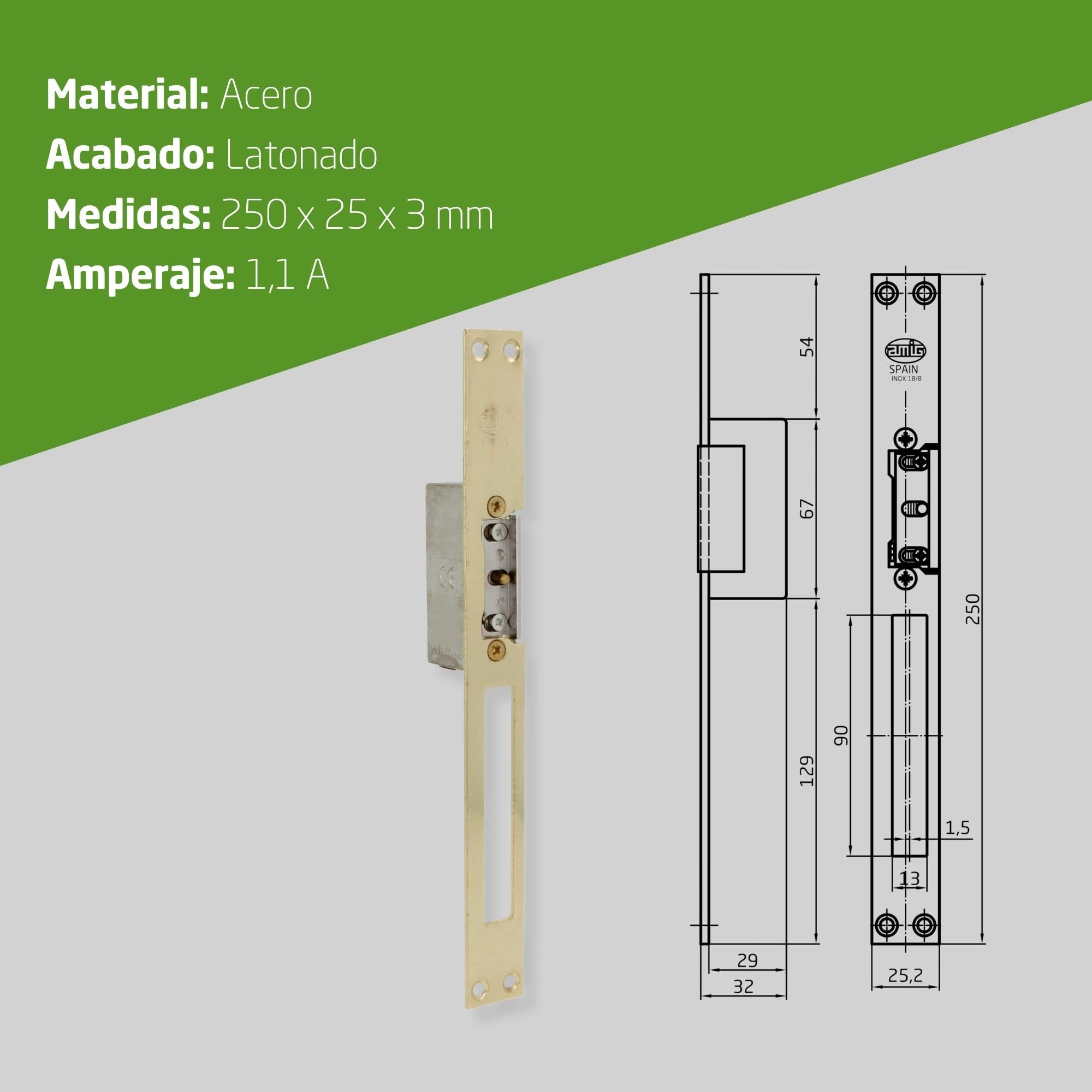 Amig - Abrepuertas eléctrico de embutir para control de acceso - Compatible con resbalón europeo 13 mm - Frente 250 x 25 mm - Acero latonado barnizado - Dorado - 8-12 V AC/DC - Mod. 20 con inhibidor