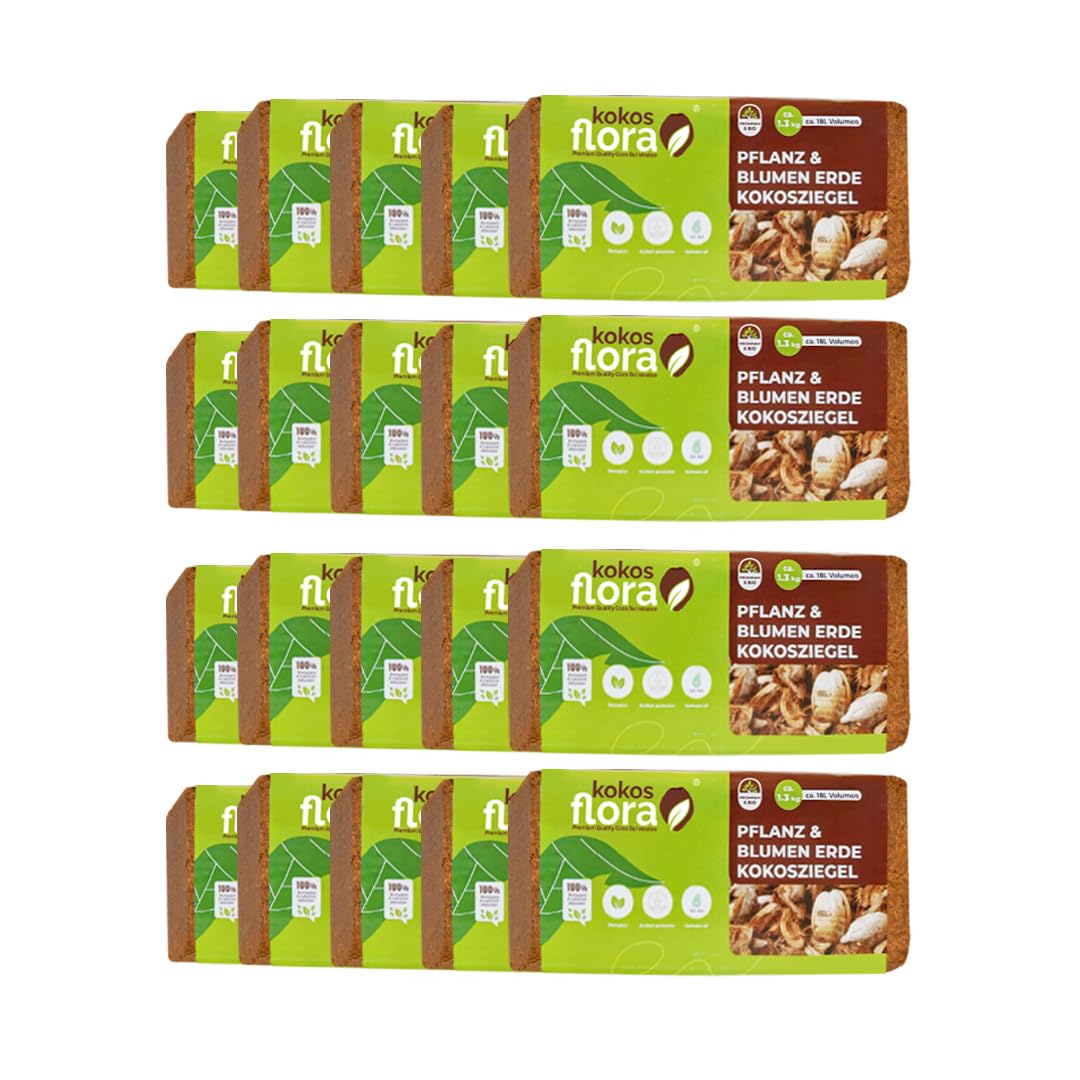KOKOSFLORA 180L Kokoserde Ziegel 20 x 650g - Natürlich &Torffrei kokosfasern für Pflanzen Ideal für Innen und Außen - Topfpflanzen, Zimmerpflanzen, Balkonkästen, Gartenbeete.