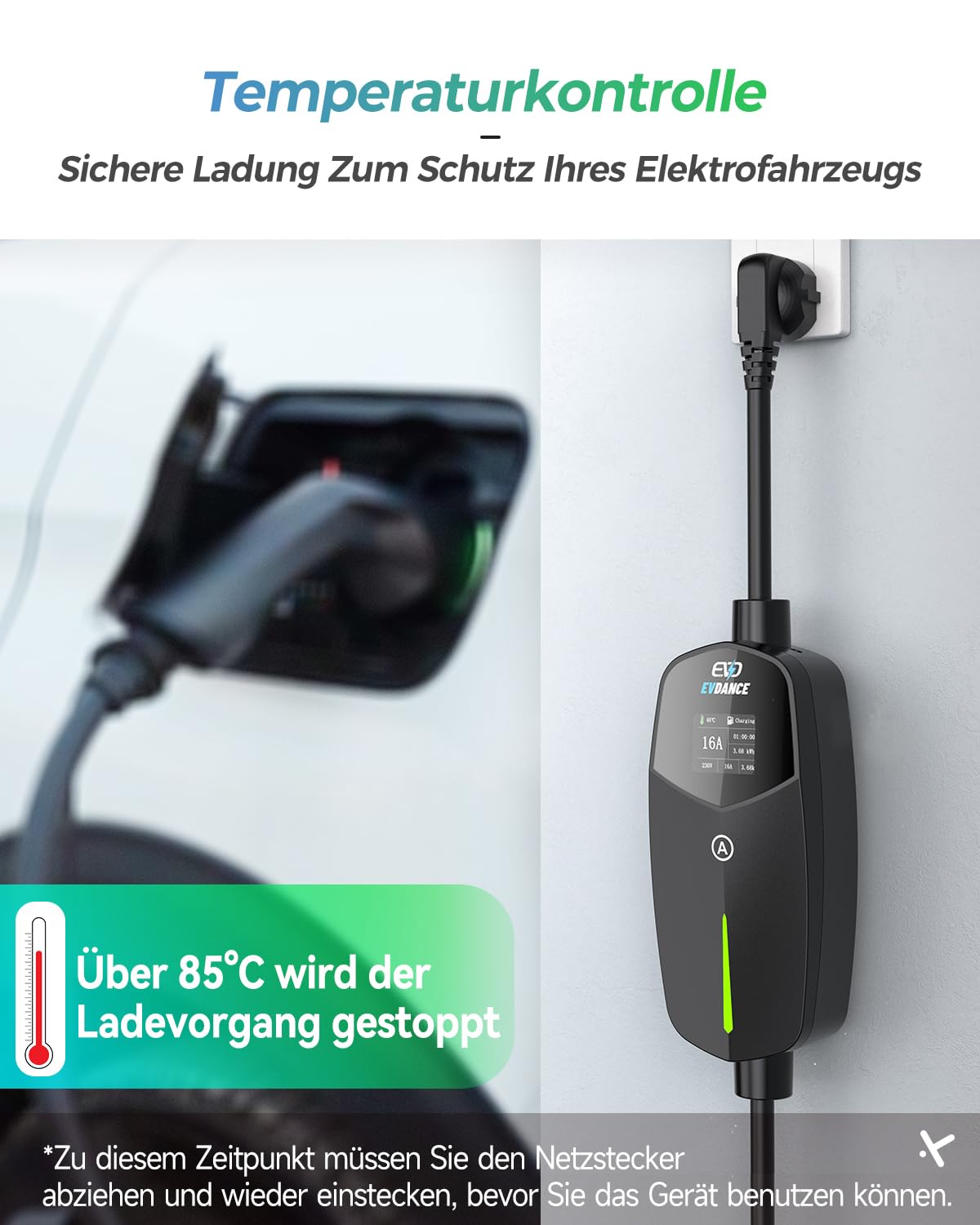 EVDANCE Typ 2 Ladekabel Schuko für Elektroauto 3,68kW[1-phasig, 6.1m, 6-16A] Ladekabel Elektroauto Typ 2 Schuko für Elektroauto & Hybrid(PHEV/EV) - Schwarz