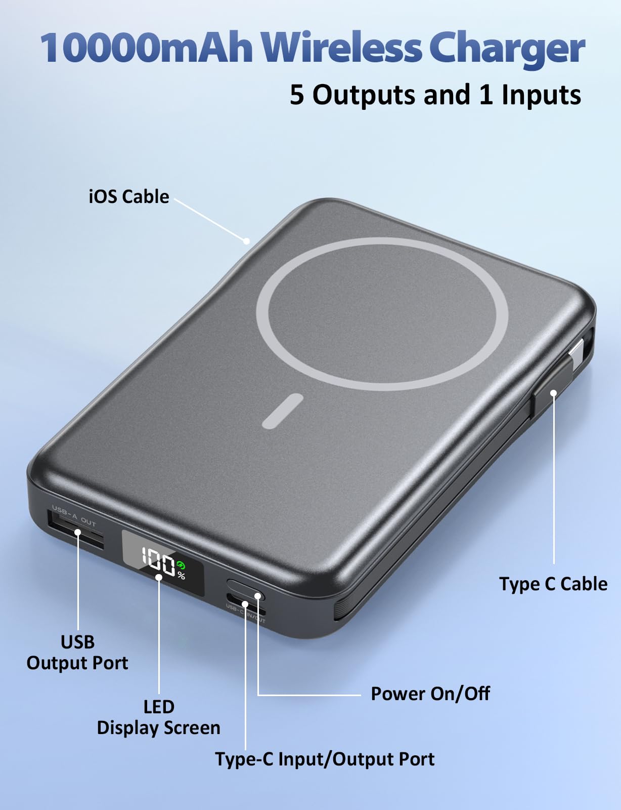 Power Bank 10000mAh, Magnético Batería Externa Compatible con MagSafe, PD 20W Cargador Portátil con Cables Integrados, Powerbank para iPhone 16/15/14/13 Pro MAX Serie - Gris Oscuro